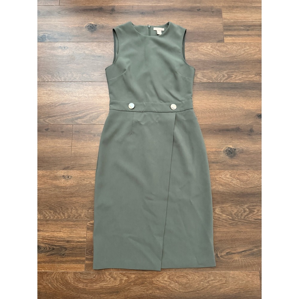 HM Womens Sleeveless Faux Wrap Sheath Dress Sage Green Button Waist Size S